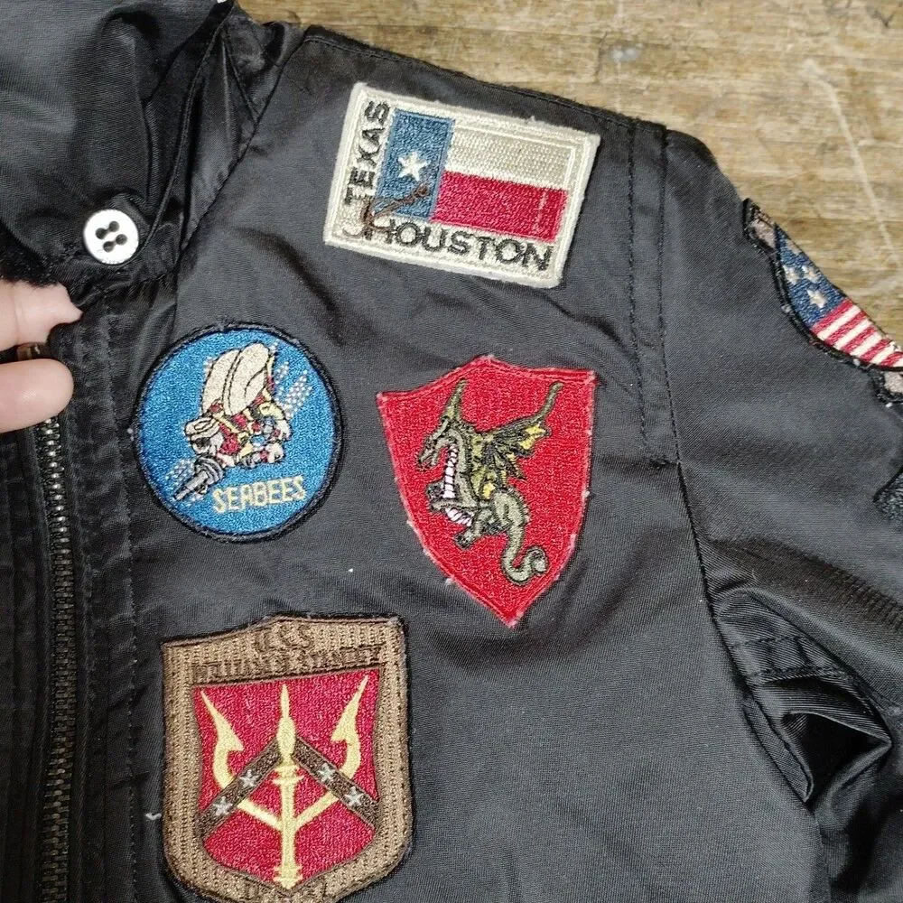 Tommy Top Gun Bomber Jacket Coat 2T Black Patches Military Full Zip Faux Fur